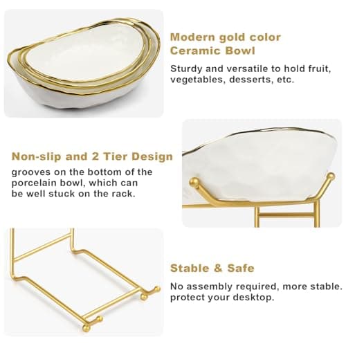 OdoVow White Fruit Bowl with Gold Metal Stand, 3 Tier Modern Ceramic Fruit Bowl Fruit Rack for Kitchen Counter, Tiered Fruit Basket for Snacks Bread Candy Storage (White,3 Tier) view 4