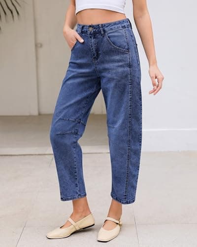 LookbookStore Barrel Jeans for Women High Waisted Cropped Wide Leg Trendy Baggy Distressed Stretchy Denim Jean Pants view 4