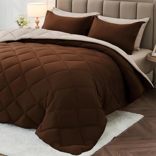 MUXHOMO 7 Pieces Full Comforter Set, Reversible Bed in a Bag Full Size, All Season Bedding Set with Comforter, Flat Sheet, Fitted Sheet, Pillowcases & Shams, Brown & Khaki view 1