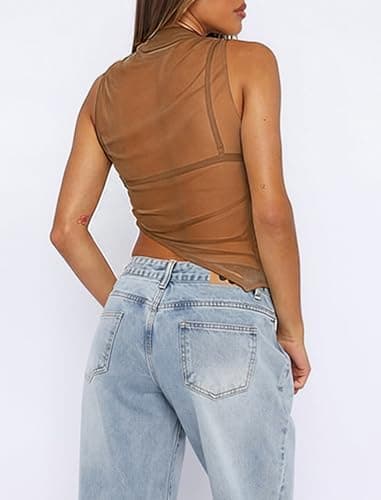 Matunana Womens Sheer Mesh Tank Tops Going Out Mock Neck Sleeveless Asymmetrical See Through Lace Shirt Summer 2026 view 4