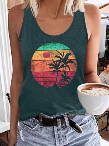 Vintage Graphic Tank Tops for Women Summer Beach Graphic Loose Tanks Sleeveless Vest USA Flag Vacation Racerback Tank Cami view 3