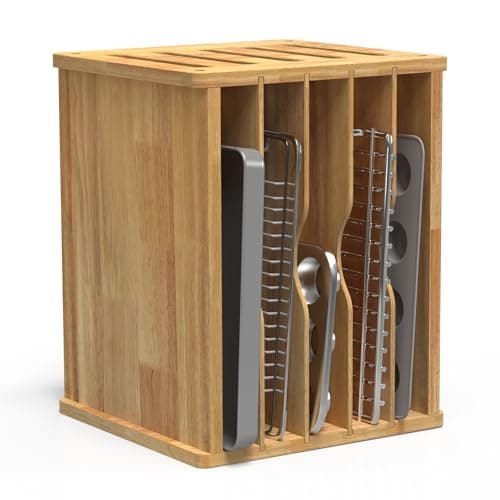 sandpaint 6 Tier Rubber Wood Tray Dividers for Cabinets, Heavy Weight Kitchen Vertical Tray Divider Organizer, Storing pans, Baking trays, Cutting Board(16.73" W x 14.13" H x 12.4" D)