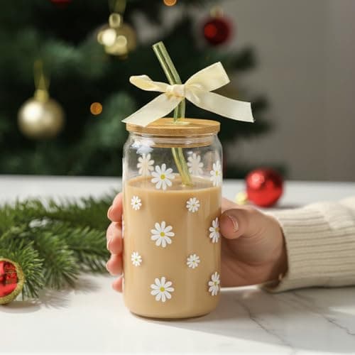 KMCCUMBER Cute Glass Cups with Lids and Straws, Teen Girl Birthday Gifts Daisy Iced Coffee Cup, Beige Aesthetic Mug Tumbler for Birthday Mothers Day Christmas Valentines Coffee Lover 16oz view 4