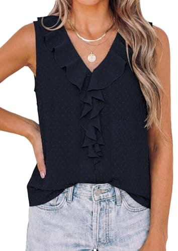 PRETTYGARDEN Tank Tops for Women 2026 Summer Fashion Sleeveless Ruffle Button Swiss Dot Dressy Casual Blouses Work Shirts — image 1