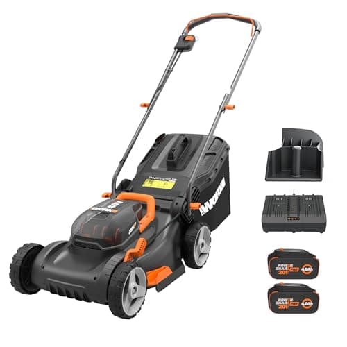 WORX 17" Cordless Lawn Mower, 2 in 1 Electric Mower Cuts Quietly, Compact & Lightweight Push Lawn Mower with 7-Position Height Adjustment for Small Yards, 2 Batteries & Charger Included, WG743 view 1