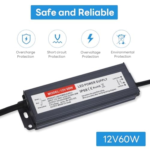 Hanbaak LED Driver 60 Watts, IP67 Waterproof Power Supply, Low Voltage Electronic Transformer, 110V-250V AC to 12V DC, 12V Constant Voltage LED Power Supply for LED Light Strip view 3