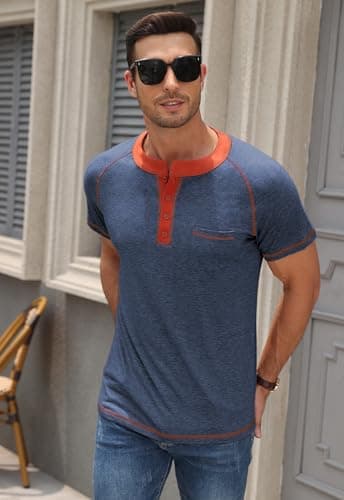 KUYIGO Mens Henley Short Sleeve T Shirt Casual Button Basic Tee Shirts Summer with Pocket view 2