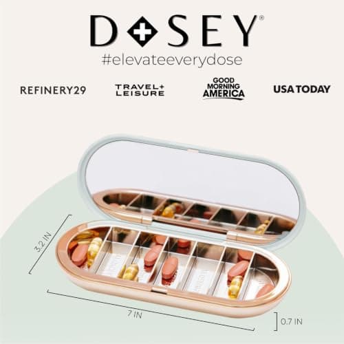 Dosey Compact Travel Pill Organizer - Pill Case with 7 Compartments for Medicine Storage & Protection – Stylish & Elegant Medication Organizer with Mirror, Cream Olive view 3