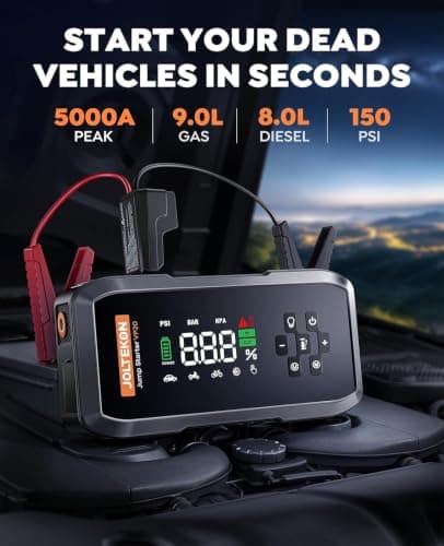 Car Battery Jump Starter with Air Compressor, 5000A Powerful Battery Jumper Starter Portable with 150PSI Auto-Pause Pump, 12V Jump Box for Car Battery with 10-Safety Protection(9L Gas/8L Diesel) view 2