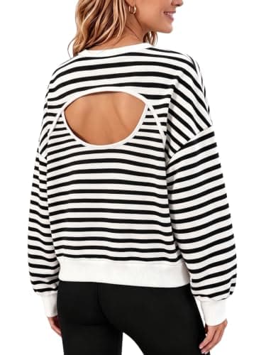 Fisoew Womens Oversized Striped Sweatshirts Casual Open Back Pullover Tops — image 1