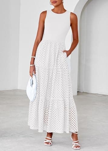Lazysmile Womens Summer Dresses Crewneck Sleeveless A-Line Hollow Out Eyelet Tiered Tank Maxi Dress Sundress with Pockets view 3