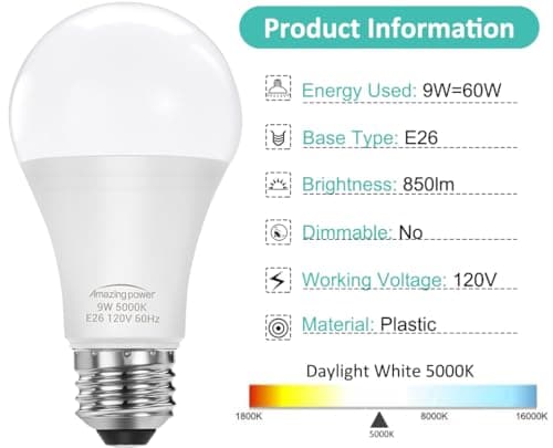 Amazing power E26 LED Bulbs, 60W Equivalent Medium Base Light Bulbs, 9W LED Bulbs, Daylight White 5000K 4-Pack view 3