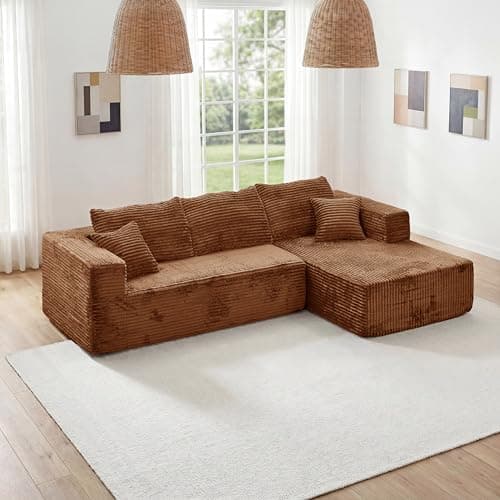 92.5" Modular Sectional Sofa, L-Shaped Cloud Couch with Deep Seats & Chaise, Convertible 4-in-1 Corduroy Boneless Couches for Living Room, Bedroom, No Need Assembly - Brown view 3