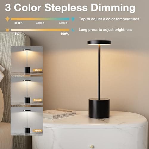 Cordless Rechargeable Table Lamp, 4000mAh Battery Operated, Black, 2 Pack | Wireless LED Lamp, 3 Color Modes, Stepless Dimming, for Dining Room, Bedroom, Bar, Cafe, Restaurant, Outdoor Patio, Camping view 3