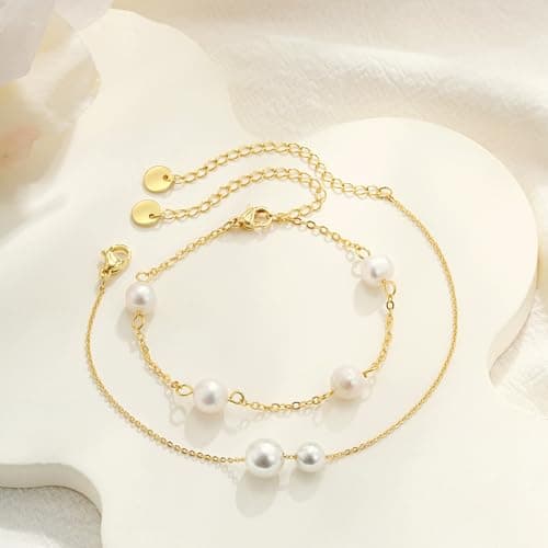 Fezodo Pearl Bracelets for Women, Dainty 18K Gold Plated Pearl Beaded Bracelet Stack Trendy Thin Link Chain Charm Bracelets Set Wedding Bridesmaid Mother Gifts Jewelry for Women view 6