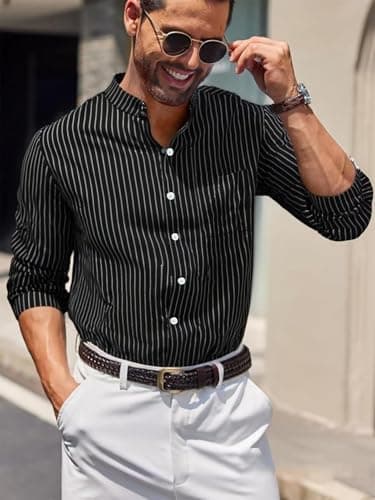 BAYAMO Men's Banded Collar Stripe Shirt, Linen Cotton Mandarin Collar Long Sleeve Button Down Shirts Collarless Tops view 4