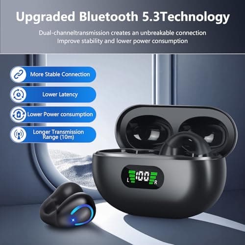 dufiga Ultra Open Ear Headphones Bluetooth 5.3 Wireless Bone Conduction Clip On Earbuds with Digital Display Charging Case 60 Hours Playtime Sport Earphones IPX7 Waterproof for Running Fitness Black view 5