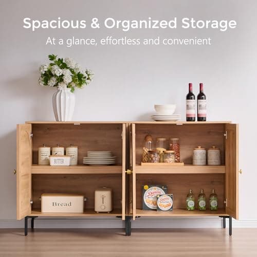 IFGET Modern Buffet Cabinet with Storage, 92.63" W Fluted Arched Sideboard Cabinet w/Adjustable Shelves, Wooden Modular Coffee Bar for Dining Room, Kitchen, Living Room, Entryway, Natural view 3