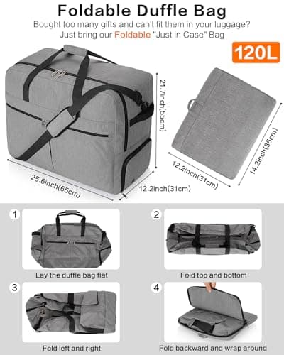 120L Foldable Large Travel Duffle Bag for Men and Women, Packable Duffel Bags with Shoe Compartment, Water Repellent & Tear Resistant (Gray) view 2