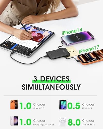 TG90° 5000mah Ultra Slim Power Bank Built-in AC Plug & 2 Cables,Black view 4