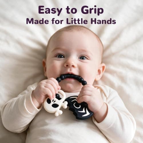 Halloween Baby Teething Toys, Boo Basket Stuffers for Toddlers & Newborns | Bat & Skull Goth Teether for Infants; Textured Sensory Teething Ring, Silicone Chew Toys, Gift for Baby's First Halloween view 5