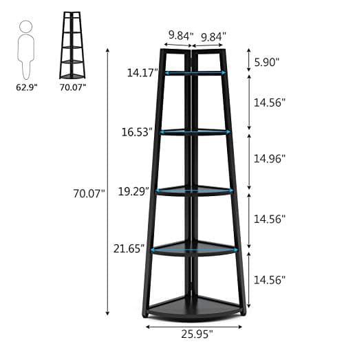 Tribesigns 70 inch Tall Corner Shelf, 5 Tier Modern Corner Bookshelf Bookcase Industrial Corner Ladder Shelf Plant Stand for Living Room, Kitchen, Home Office (Black) view 2