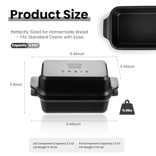 RYEDE Cast Iron Duct Oven for Sourdough Bread baking, 9×5 Loaf Pan with Lid, Bread Pans for Homemade Bread, 2 in 1 Dutch Oven Pot with Lid, Pre-Seasoned (4.5 QT) view 2