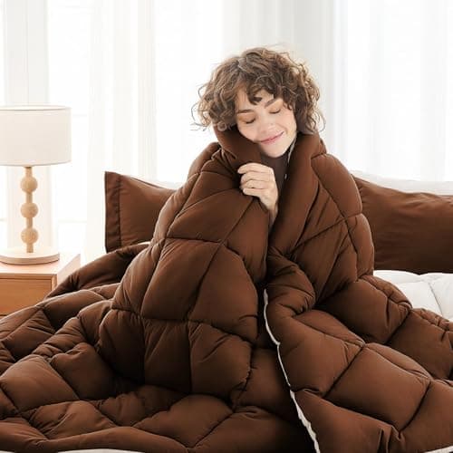 MUXHOMO 7 Pieces Full Comforter Set, Reversible Bed in a Bag Full Size, All Season Bedding Set with Comforter, Flat Sheet, Fitted Sheet, Pillowcases & Shams, Brown & Khaki view 2