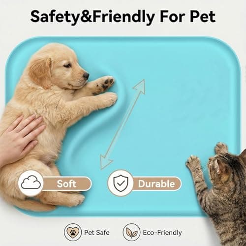 Waterproof Silicone Pet Feeding Mat Blue with Raised Edge,24" x 16"Non-Skid Spill Proof Dog Bowl Mats, Easy Clean Cat Bowls Placemat for Cats and Dogs view 6