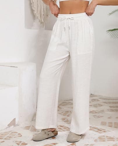 CHANGEOWN Women's Wide Leg Pants Airy Linen Blend Summer High Waisted Casual Palazzo Trousers with Pockets Lounge Beach Pants view 3