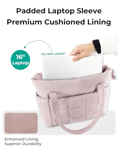 U+U Puffer Tote Bag for Women, Quilted 16" Laptop Work Tote with Yoga Mat Strap & Luggage Sleeve for Travel Gym view 4