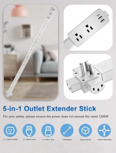 Gbchais Electrical Outlet Extender Stick, Upgraded 4-Way Free Combination Plug Extender (6"-34") with USB-A & USB-C, 2 AC Outlets, Wall Outlet Extender for Hard-to-Reach Spaces (Light Gray) view 4