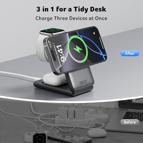 Acer 3 in 1 Charging Station for Apple Device, Magnetic Wireless Foldable Fast Charger Stand Compatible with MagSafe for iPhone, Apple Watch & AirPods, Foldable Charging Dock for Desk S3 view 2