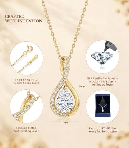 2CT Moissanite Necklace Anniversary Birthday Gifts for Women Wife Her | S925 Sterling Silver 18k Gold Plated Infinity Jewelry Gifts for Women Wife Her Girlfriend with Card in Light-Up Gift Box view 4
