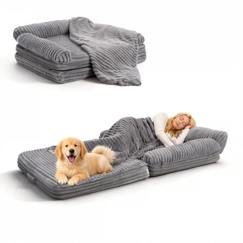 OtterOasis Foldable Human Dog Bed for Adult, Fluffy Faux Angora Human Sized Pet Bed with Blanket, Orthopedic Dog Bed with Egg Foam and Water Repellent Liner (Light Grey (Foldable), 72" Length)