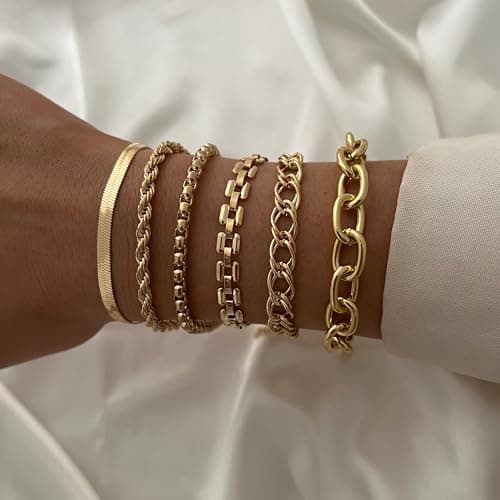 XIUQILAI 6Pcs Gold Bracelets Set for Women Men, Non Tarnish Adjustable 14K Gold Plated Stackable Chain Bracelet Stack Pack Jewelry Gifts view 2