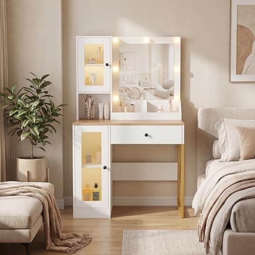 Garvee Vanity Desk with Mirror & Lights – Adjustable RGB & White Lighting – 2 Acrylic-Door Cabinets, 2 Open Shelves, Drawers, Built-in Power Outlet & USB Ports – Makeup Vanity Table for Bedroom