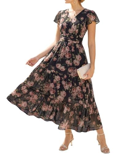 GRACE KARIN 2026 Women Summer Dress,Maxi Short Sleeve Floral Dresses,Semi Formal Flowy Wedding Guest Dress with Pocket — image 1