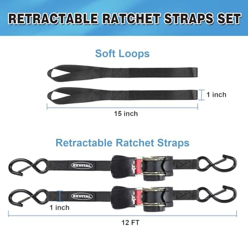 EXVITAL Retractable Ratchet Straps Havy Duty 1200lbs Break Strength Retractable Tie Down Straps Auto Self Retracting Ratchet Straps for Truck, Cargo Trailer, Motorcycle, 1"×12ft Black view 5