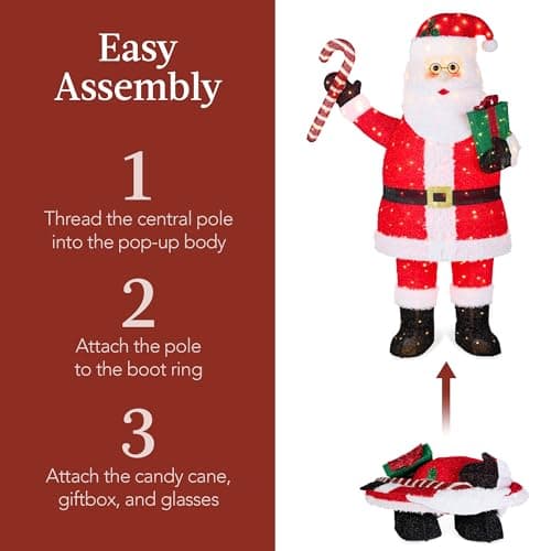 Best Choice Products 3ft Lighted Pop-Up Santa, Outdoor Christmas Holiday Decoration w/ 120 LED Lights, Twinkling Candy Cane, Gift Box, Hat view 6