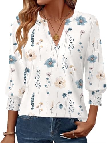 GKBK Womens 3/4 Sleeve Shirts V Neck Dressy Casual Spring Summer Blouses with Smocked Cuffs view 1