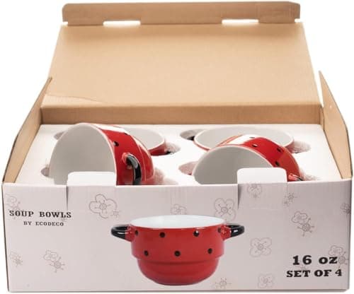 ECODECO 16 oz Ceramic Soup Bowls with Double Handles - Stackable Oven Safe - Red Polka Dot - Set of 4 view 5
