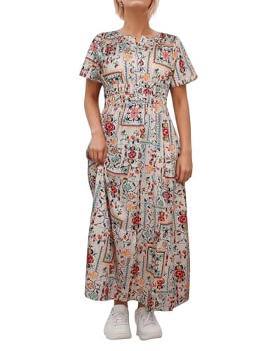 ACCPUR Women's Summer Boho Maxi Dresses Floral V Neck Tiered Short Sleeve Long Dress Flowy Beach Vacation Dress with Pockets — image 1