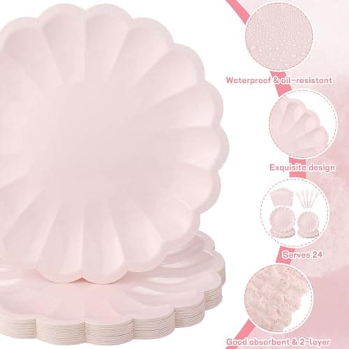 96 Pcs Pink Paper Plates and Napkins Party Supplies Serve 24 Guests Include Scalloped Mothers Day Plates 9.5", Dessert Plate 7.5", Napkins Plastic Forks for Baby Bridal Shower Wedding Birthday view 5