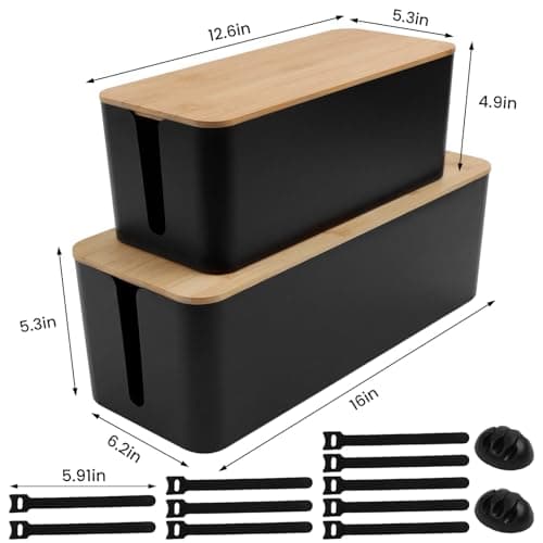 2 Pack Cable Management Box - Cord Organizer Box with Wooden Lid for TV Wires, Power Strips, Router, USB Hub & Under Desk Power: Baby & Pet Proof Cord Management, Cord Hider for Home & Office(Black) view 3