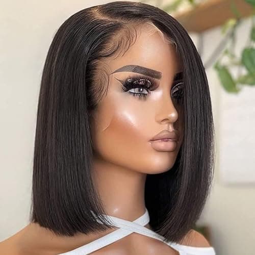 FFEGG Bob Wig Human Hair 13x4 Short Straight Bob Lace Frontal Wigs for Black Women Human Hair Pre Plucked Glueless Black Color 10 Inch — image 1