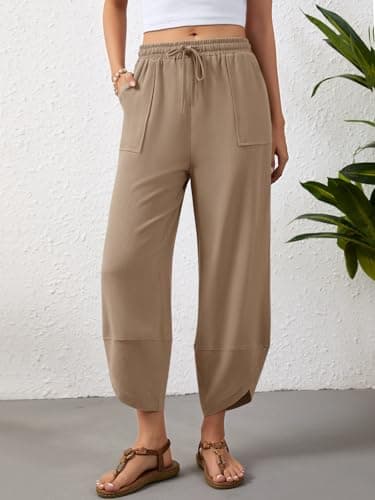 Jiflora Women's Harem Cotton Linen Pants Wide Leg Capri Beach Pants Palazzo Cropped Drawstring Trousers with Pockets view 2