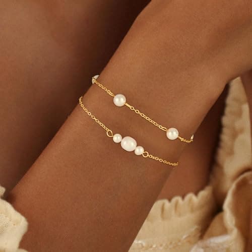 Fezodo Pearl Bracelets for Women, Dainty 18K Gold Plated Pearl Beaded Bracelet Stack Trendy Thin Link Chain Charm Bracelets Set Wedding Bridesmaid Mother Gifts Jewelry for Women view 2