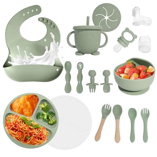 Baby Led Weaning Supplies, 17 Piece BPA-Free Silicone Feeding Set, Eating Essentials Baby Utensils with Suction Plate and Bowl, Pocket Bib, Sippy Cup with Lid, for 6+ Months, Green — image 1