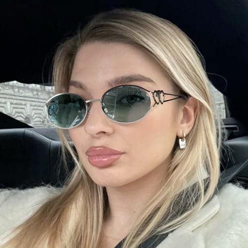 SODQW Retro Oval Sunglasses for Women Trendy Metal Frame Round Designer Sun Glasses with Heart Accents UV Protection view 2